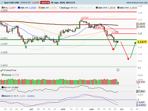 EUR/USD : Un environnement de taux défavorable à l'Euro (©ProRealTime.com)